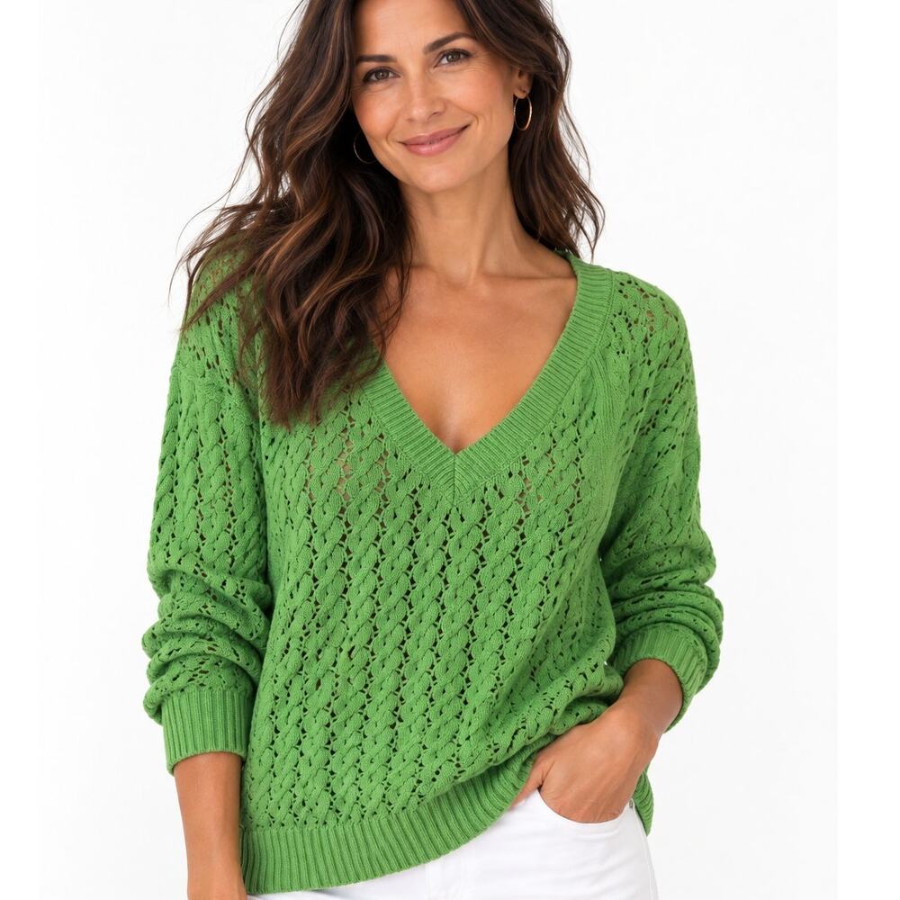 Talbots Open Stitch V-Neck Sweater Womens Size 1X Kelly Green Cotton
